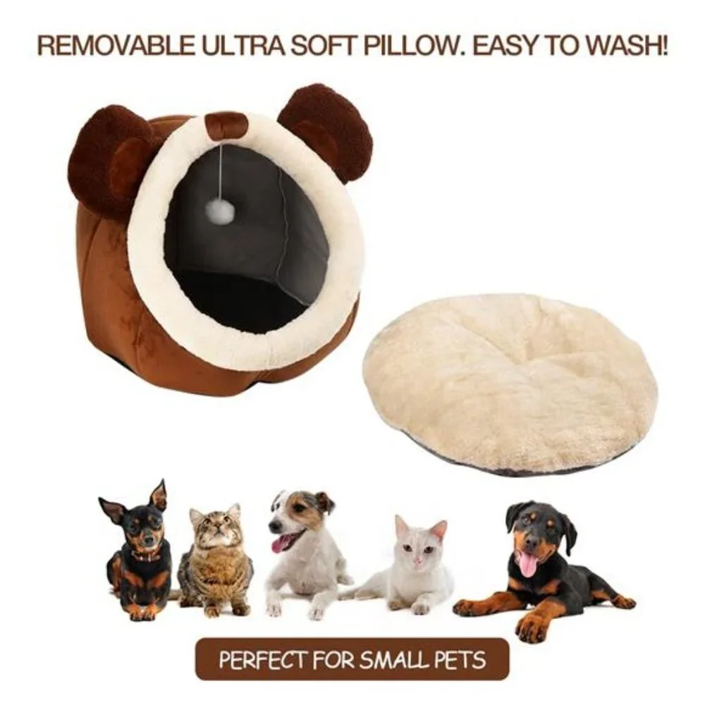 Cat Bed Cave Plush Indoor Cats Removable Washable Pillow Cozy Bear House Soft